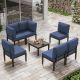 Halmuz 7-Piece Black Metal Patio Conversation Set with Navy Cushions, Coffee Table 7S-Metal-Navy