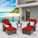 MeetLeisure 5-Piece Wicker Patio Conversation Set with Red Cushions and Swivel Rocking Chairs YD-2M72M74M73-H
