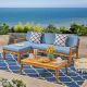Unbranded L Shape Blue 5-Piece Acacia Wood Patio Conversation Set with Blue Cushions OUT-D-463