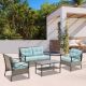 Unbranded 4-Piece Brown Wicker Patio Conversation Set with Light Blue Cushions and Metal Table OUT-D-464