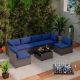 Gardenbee 7-Piece Wicker Outdoor Patio Sectional Sofa Conversation Set with Blue Cushions MA03-BLU-123-HG