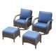 Pocassy Iron Bend Series 4-Piece Brown Wicker Outdoor Patio Rocking Chair with Ottoman CushionGuard Blue Cushions PJTZB2040-1