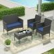 Halmuz 4-Piece Wicker Patio Conversation Set with Tempered Glass Table and Navy Blue Cushion 4PS-NavyBlue