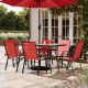 Carnegy Avenue Brazos Red 7-Piece Metal Rectangular Table and 6-Red Flex Comfort Stack Chairs Outdoor Dining Set with Umbrella Hole CGA-TLH-521982-RE-HD