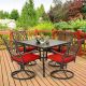 Nuu Garden Black 5-Piece Metal Square Outdoor Dining Set with Red Cushions and 1.57 in. Umbrella Hole, Swivel Design SD152S-T2