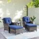 Opohoro ArcoBay 5-Piece Gray Wicker Outdoor Lounge Chairs Patio Conversation Set with Navy Blue Cushions and Ottomans ABLOSGY-1