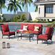 PHI VILLA Brown Rattan 4-Piece 5 Seat Steel Outdoor Patio Conversation Set with Red Cushions and Wood-Grain Table 4PV416FT-RD