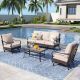 PHI VILLA Brown Rattan 4-Piece 5 Seat Steel Outdoor Patio Conversation Set with Beige Cushions, Motion Sofas and Wood-Grain Table 4BE416MT