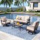 PHI VILLA Brown Rattan 4-Piece 5 Seat Steel Outdoor Patio Conversation Set with Beige Cushions, Swivel Sofas and Wood-Grain Table 4BE416ST