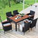 wayofatry 7-Piece Acacia Wood and Wicker Outdoor Dining Set with Brown Tabletop and Stackable Armrest Chairs with Beige Cushions MGOODS01