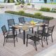 PHI VILLA 7-Piece Metal Outdoor Patio Dining Set with Wood-like Rectangular Slat Table-Top and Elegant Stackable Chairs THD7-S7-15503