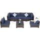 Unbranded 7-Piece Brown Wicker Outdoor Patio Conversation Set with Glass Top Table and Dark Blue Cushions OUT-D-767