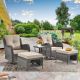 kuurfuurdo Gray 5-Piece Wicker Patio Conversation Set Swivel Rocking Chairs with Ottomans Side Table Beige Cushions YZX10-13
