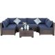 Zeus & Ruta 7 Pieces Brown Wicker Patio Conversation Set Sofa set with Blue Cushions, 1 Coffee Table W1206-CY19