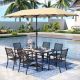 PHI VILLA 8-Piece Metal Outdoor Dining Set with Stackable Chairs and Beige Umbrella THD8-S60405910M