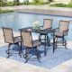 PHI VILLA 5-Piece Metal Bar Height Outdoor Dining Set with Black Rectangle Metal Table and Rattan Bistro Chairs with Gray Cushion THD5-SB5-45413