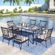 PHI VILLA 7-Piece Metal Outdoor Dining Set with Slat Table-Top and Stylish Chairs with Beige Cushions THD7-S7-45534