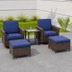 EAGLE PEAK 5-Piece Mix Brown Wicker Patio Conversation Set Wide Armrest Swivel Chair Set with Blue Cushions, Ottomans, Side Table EP-FTX-ABF-Z02