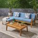 Zeus & Ruta Brown 5-Piece Wood Outdoor Sectional Sofa Set Patio Conversation Set with Blue Cushions and Coffee Table for Backyard ZN-525