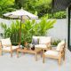Kadehome 4-Piece Acacia Wood Patio Conversation Set with White Cushions MO-HW64146WH