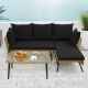 Kadehome Outdoor 3-Piece Wicker L-Shaped Patio Conversation Sectional Sets with Tempered Glass Table and Black Cushions MO-HW71133BK