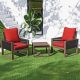 JOYSIDE 3-Piece Light Walnut Wood Wicker Patio Conversation Set Outdoor Lounge Chair with Thicken Red Cushions and Side Table MA05-C2C5-RED