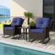 EAGLE PEAK Brown Rattan Wicker 3-Piece Outdoor Patio Conversation Set with Rocking Chairs, Table, and Blue Cushions EP-FHB-E-Z02