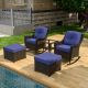 EAGLE PEAK Brown Rattan Wicker 5-Piece Outdoor Patio Conversation Set with Rocking Chairs, Table, and Blue Cushions EP-FHB-AE-Z02