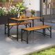 ANGELES HOME 3-Pieces Acacia Wood Metal Rectangular Outdoor Dining Set Picnic Table Bench (Set for 4) People M2992-8HW7