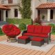 MeetLeisure Brown 4-Piece Wicker Patio Conversation Set with Red Cushion and Swivel Papasan Lounge Chair YD-M63M09-RED