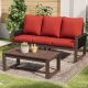 Gardenbee 2-Piece Light Walnut Wood Wicker Patio Conversation Set with 3-Seat Sofa, Coffee Table and Red Cushions MA05-RED-2-HG