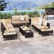 Zeus & Ruta 6-Piece Rattan Wicker Patio Conversation Set with Extendable Coffee Table Ice Bucket and Khaki Cushions FA8-641