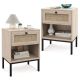 Costway - 2PCS Rattan Nightstand Boho End Table with Drawer & Open Shelf for Living Room - Oak