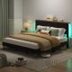 Bestier Bed Frame -King Size Bed With LED Light & Adjustable Storage Headboard for Bedroom Upholstered Platform - Black