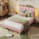 Bestier Bed Frame Upholstered Platform Bed with LED Light & Adjustable Storage Headboard for Bedroom-Queen Size - Pink