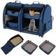 Costway Portable Pet Carrier Kennel Cat Dog Crate Twin Compartments w/ Mats Litter Box - Navy Blue