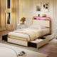 Costway Twin Size Bed Frame with LED Lights & Charging Station Storage Headboard & Drawers - Golden + White
