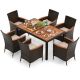 Costway 7 Pieces Outdoor Wicker Dining Set with Acacia Wood Table and 6 Stackable Chairs - Mix Brown+Beige