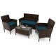 Costway 4 PCS Patio Furniture Set withWashable Cushions and Tempered Glass Coffee Table - Blue,Mix Brown