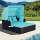 Costway Patio Rattan Daybed Lounge Retractable Top Canopy Side Tables Cushions - Turquoise