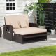 Costway Patio Rattan Loveseat Set Daybed Lounge Storage Ottoman Side Tables Adjust - Beige