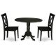 East West Furniture 3-Piece Round Black Finish Solid Wood Top Dining Table with 2 Chairs with Drop Leaf Lattice Back DLCL3-BLK-W-440-HD