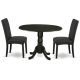 East West Furniture 3-Piece Round Black Finish Solid Wood Top Dining Table with 2 Parson Chairs with Drop Leaf Lattice Back DLDR3-BLK-24-440-HD