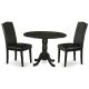 East West Furniture 3-Piece Round Black Finish Solid Wood Top Dining Table with 2 Parson Chairs with Drop Leaf Lattice Back DLEN3-BLK-69-440-HD