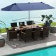Costway 11 PCS Patio Dining Set with 15ft Double-Sided Patio Umbrella (Base Included) - Mix Brown + Navy