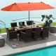 Costway 11 PCS Patio Dining Set with 15ft Double-Sided Patio Umbrella (Base Included) - Mix Brown + Orange