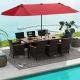Costway 11 PCS Patio Dining Set with 15ft Double-Sided Patio Umbrella (Base Included) - Mix Brown + Wine