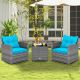 Costway 3 PCS Patio Rattan Furniture Bistro Set Cushioned Sofas Side Table Armrest - Turquoise + Mix Grey