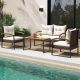 Costway 4 PCS Patio Conversation Set with Coffee Table Solid Acacia Wood Armrests Tabletop - Mix Brown,Off White