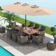 Costway 10 Pieces Patio Wicker Dining Set with Double-Sided Patio Umbrella 8 Armchairs - Coffee,Mix Brown